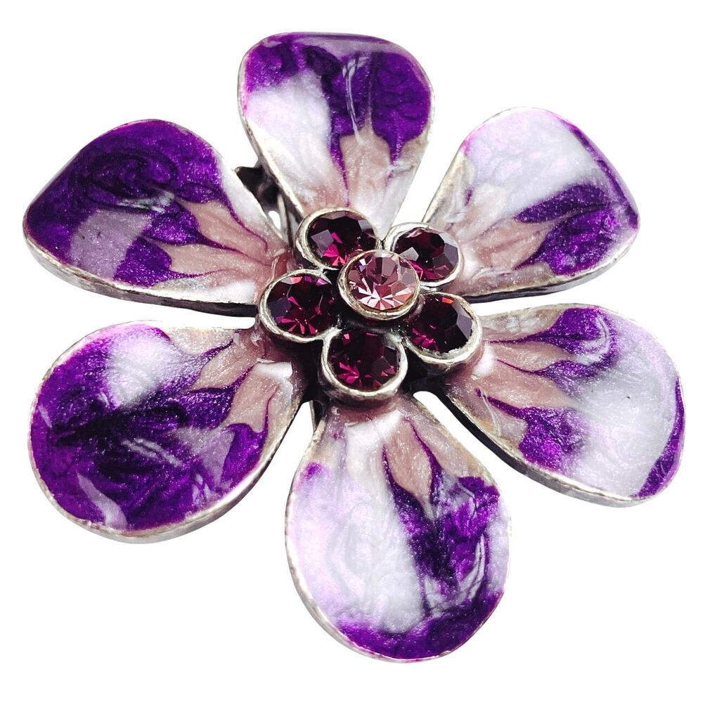 VTG 1950s Enamel Flower Brooch Purple Rhinestone Mid Century Costume Jewelry